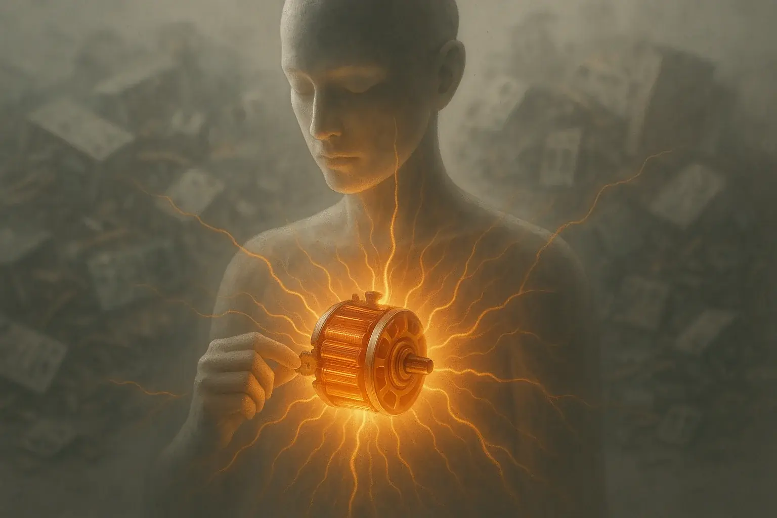 Human silhouette with glowing e-waste motor heart, sparking radiant energy lines, igniting inner drive and motivation.