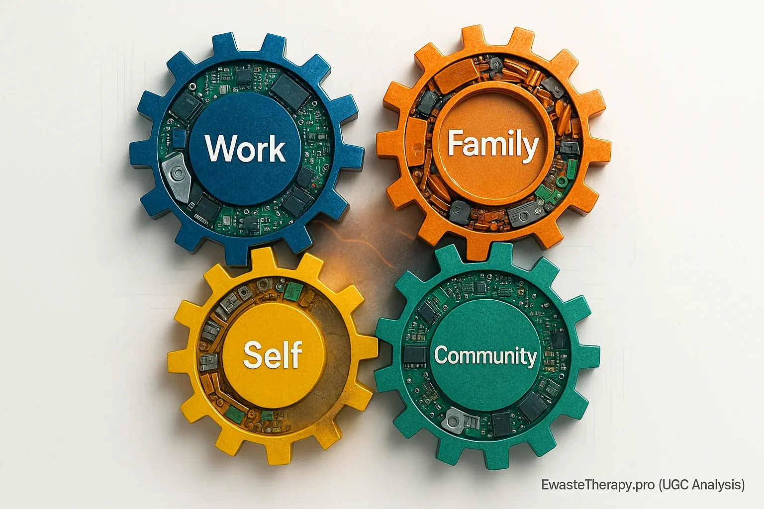 Infographic: E-waste gears labeled Family, Work, Self, Community, interlock to show the interconnectedness of life domains.
