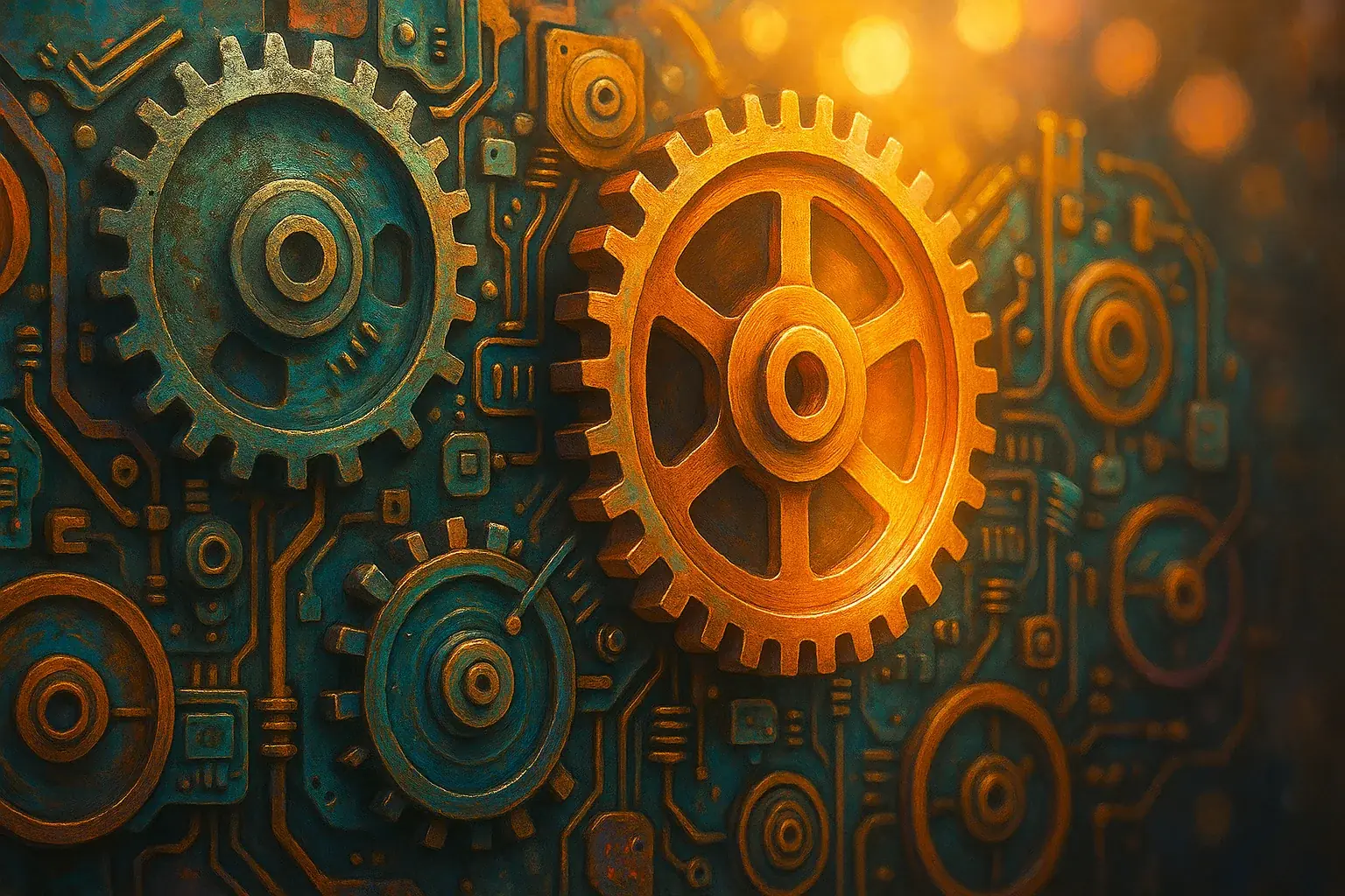 Colorful e-waste gears in smooth, harmonious motion, symbolizing inner mechanics achieving renewed momentum.