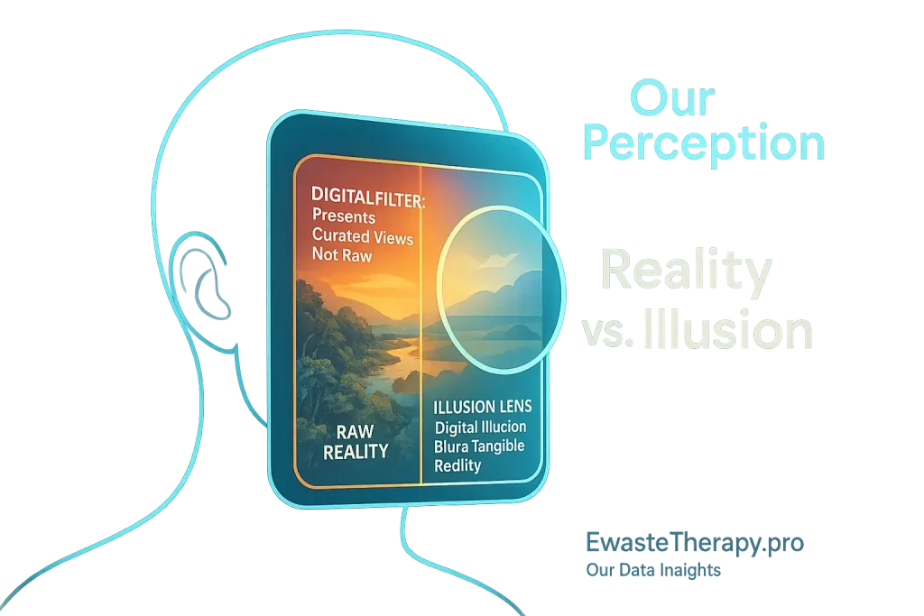 Infographic: Stylized head with screen face shows how digital filters mediate our perception between reality and illusion.