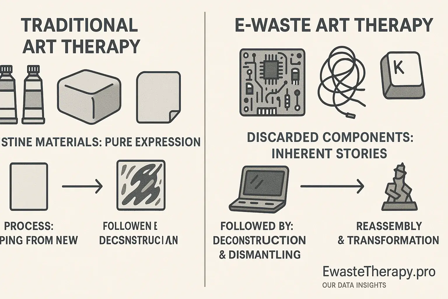 Icons & flowcharts: E-Waste Art Therapy's unique materials (circuits) & processes (disassembly) vs. traditional (clay,