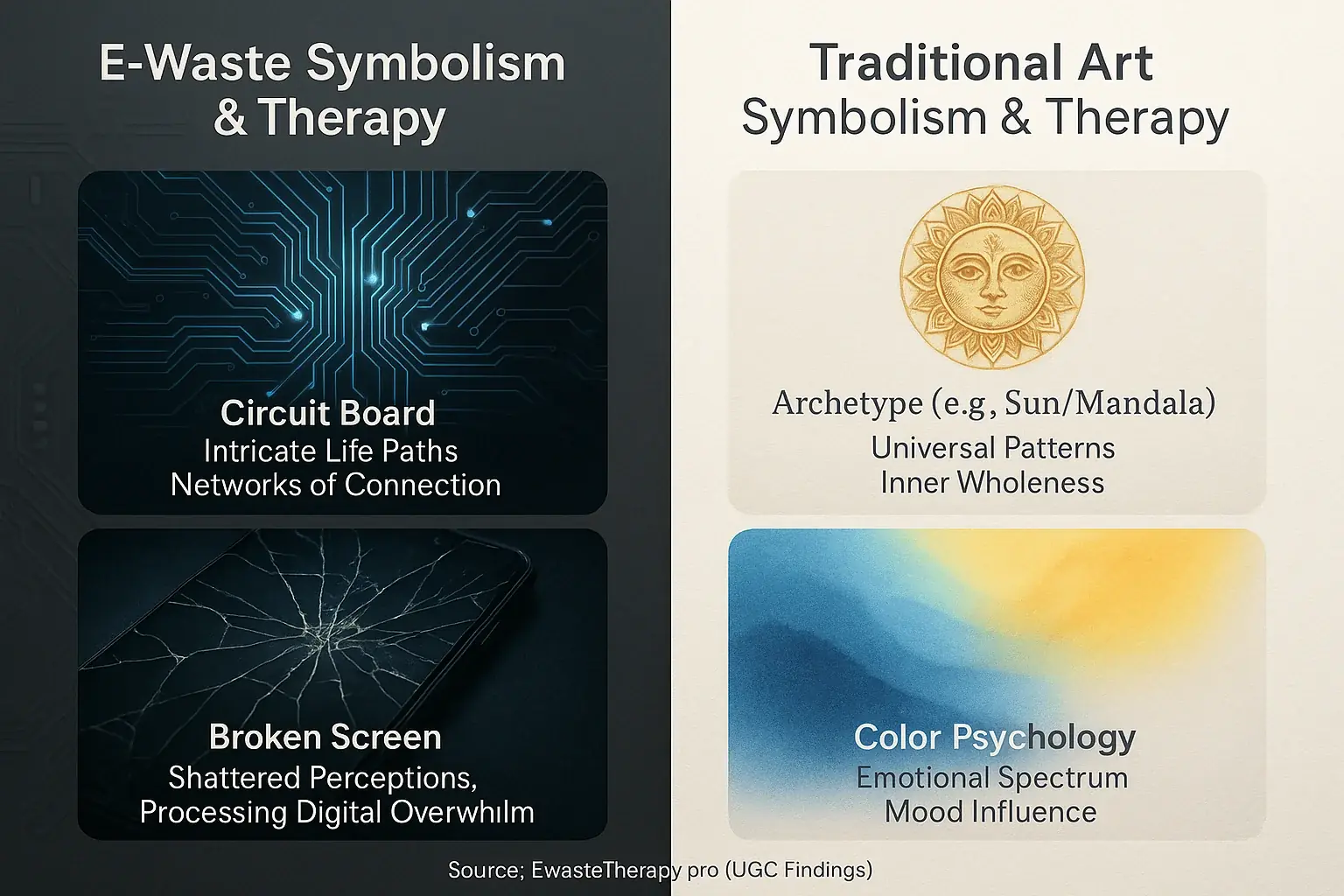 Infographic comparing e-waste component symbols (circuits, wires) to art symbols, revealing their therapeutic power.