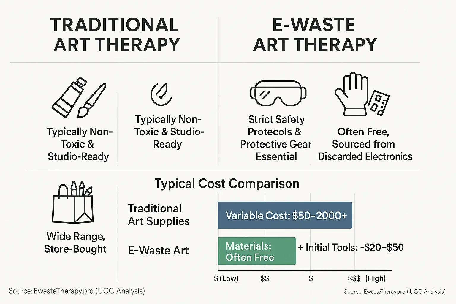 Infographic comparing E-Waste vs. Traditional Art Therapy: safety, material access, costs, using icons and bar charts.