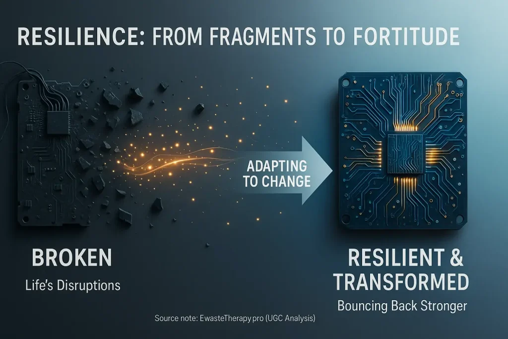 Infographic: Broken e-waste circuit board reassembles robustly, showing resilience and adaptation.