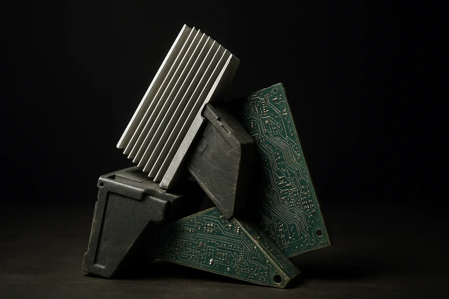 Textured e-waste metals, plastics, circuits form a resilient, unyielding abstract shape, symbolizing inherent material