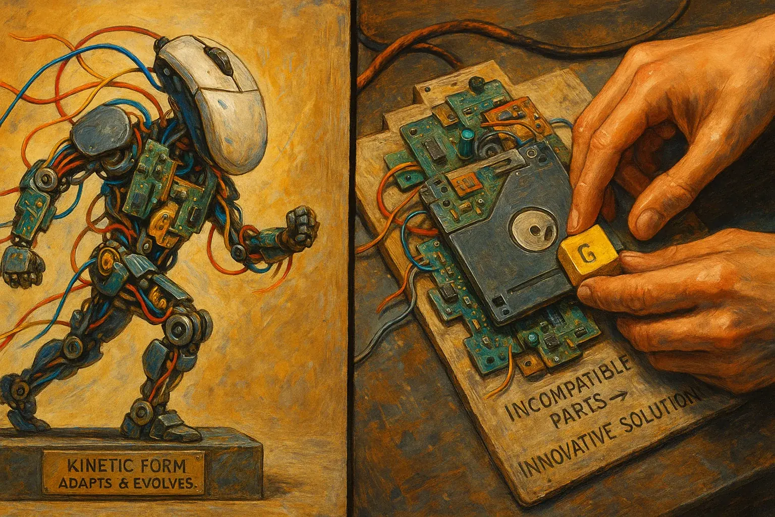 Kinetic e-waste sculpture with movable parts; layered e-waste collage telling adaptability stories.