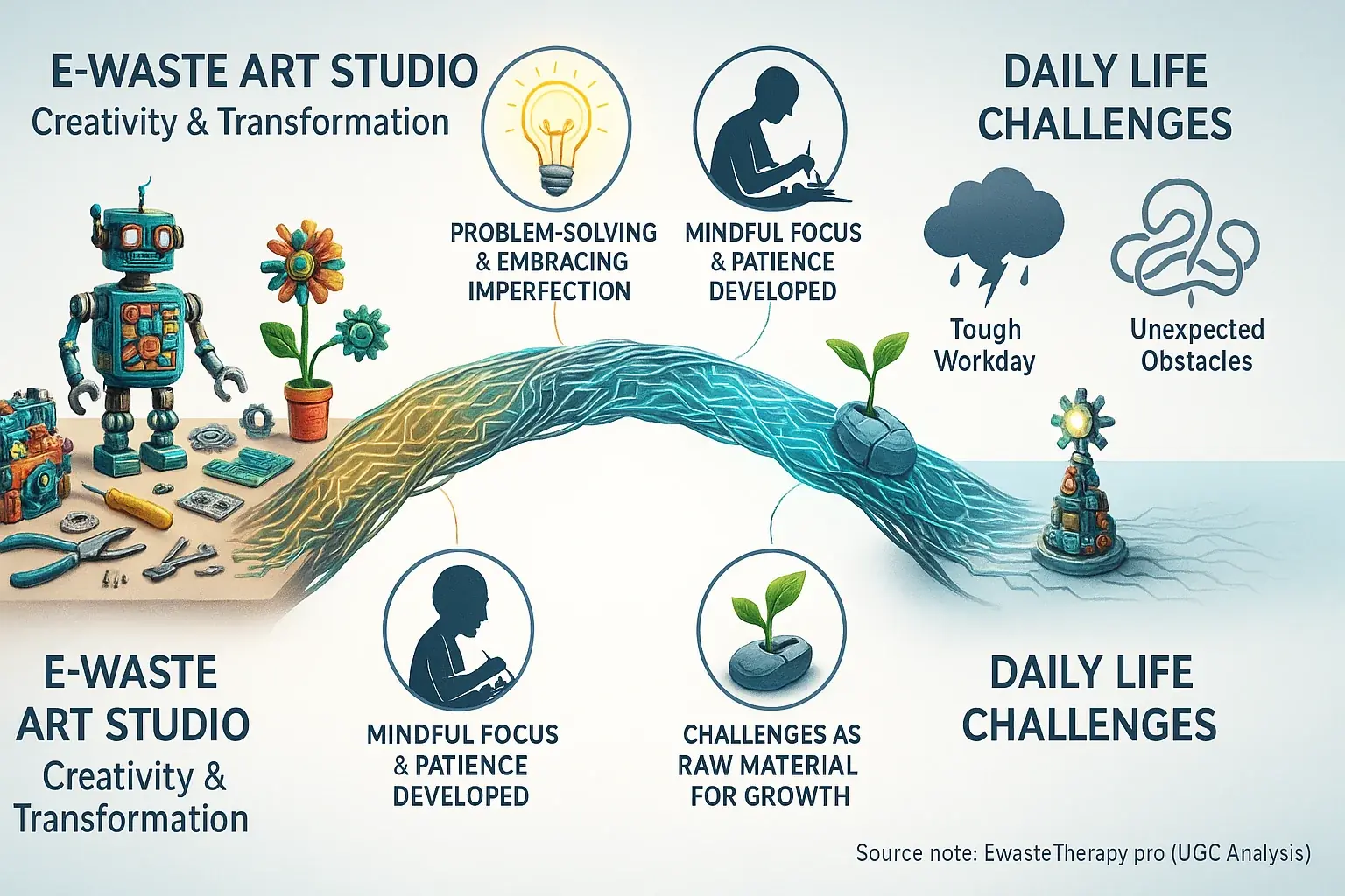 Bridge from e-waste art studio to daily challenges, illustrating resilience lessons & 3-4 key takeaways.