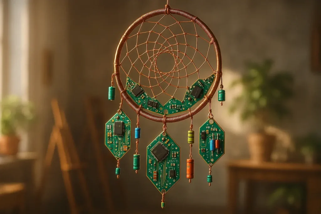 E-waste dreamcatcher woven from circuits and wires, catching light, symbolizing protection from discarded tech.