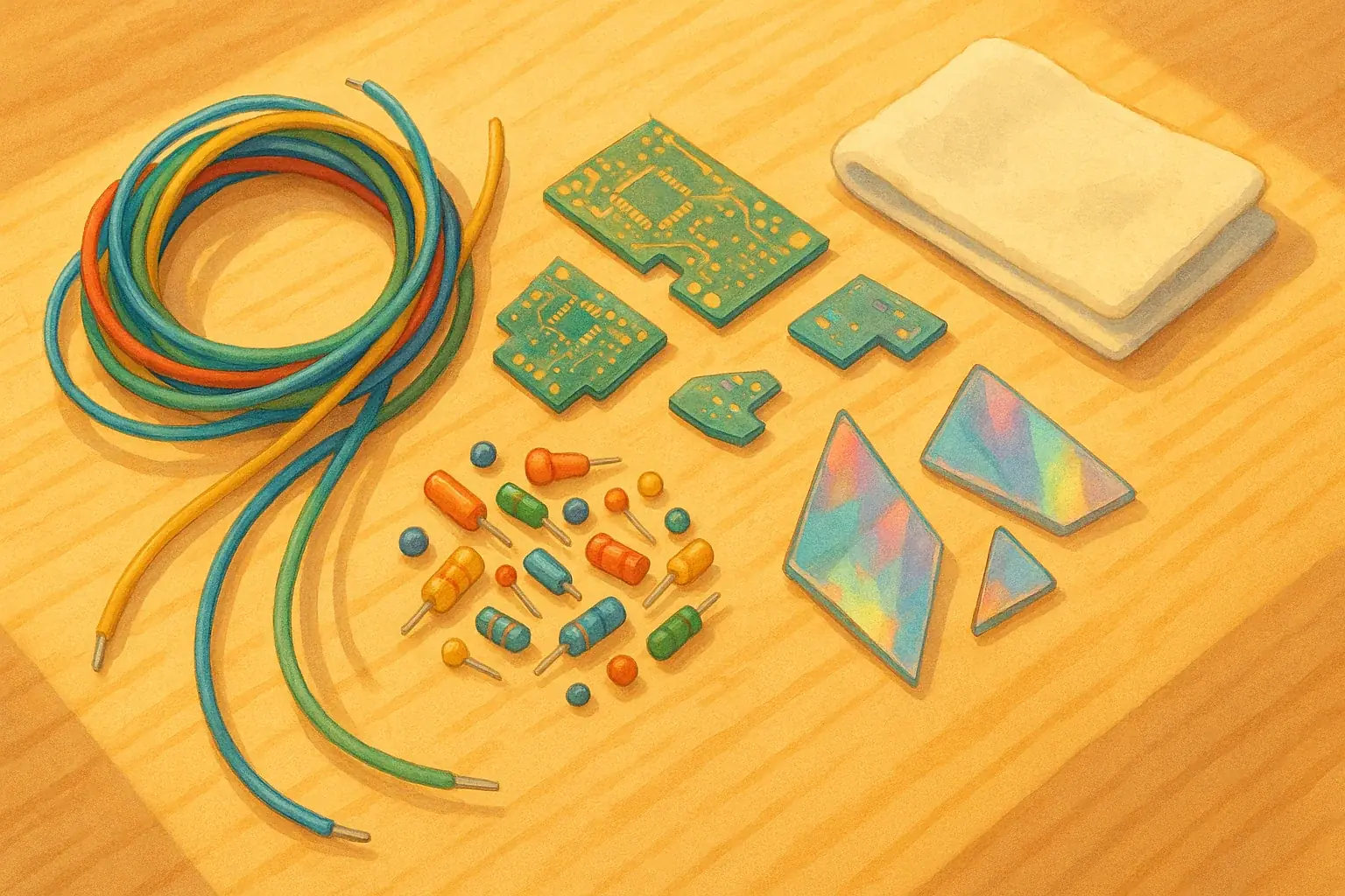 Mindfully sourced, clean e-waste: colorful wires, circuits, screen fragments arranged for dreamcatcher craft.