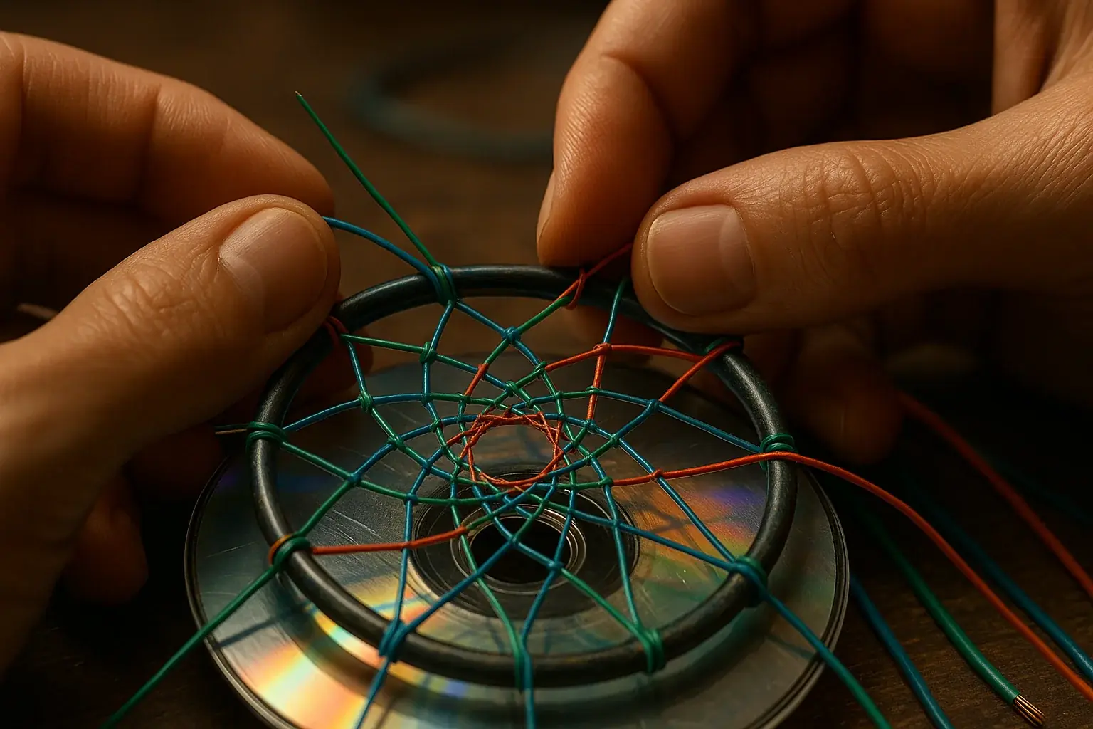 Hands carefully weaving colorful e-waste wires onto a circular frame, forming an e-waste dreamcatcher's initial web.