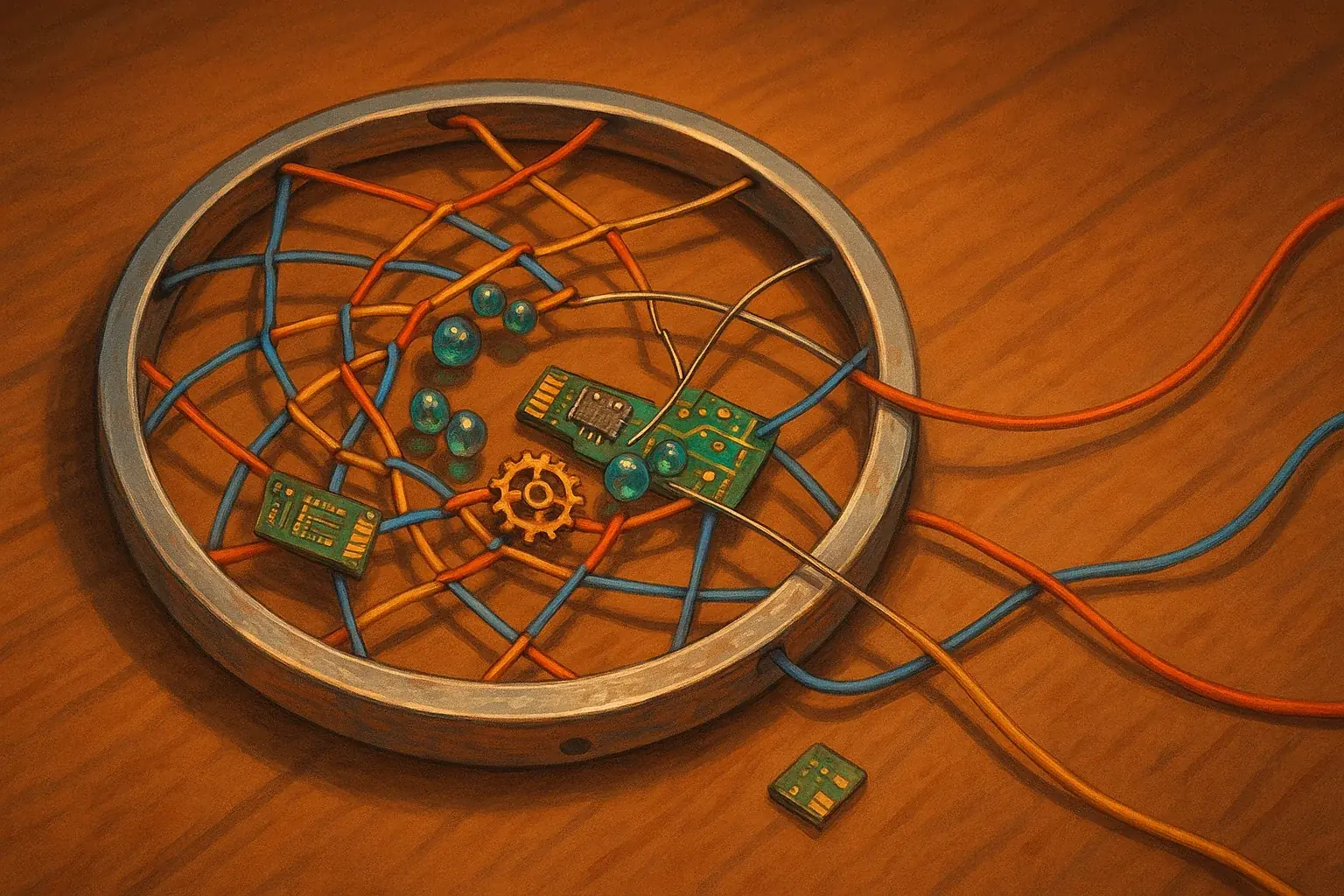 E-waste dreamcatcher construction: Close-up showing circuit boards and beads woven into the web, demonstrating attachment.